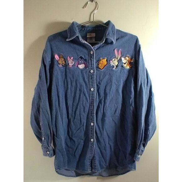 Vintage Disney Winnie The Pooh Long Embroidered Cotton Denim Button Down Shirt S - Picture 1 of 5